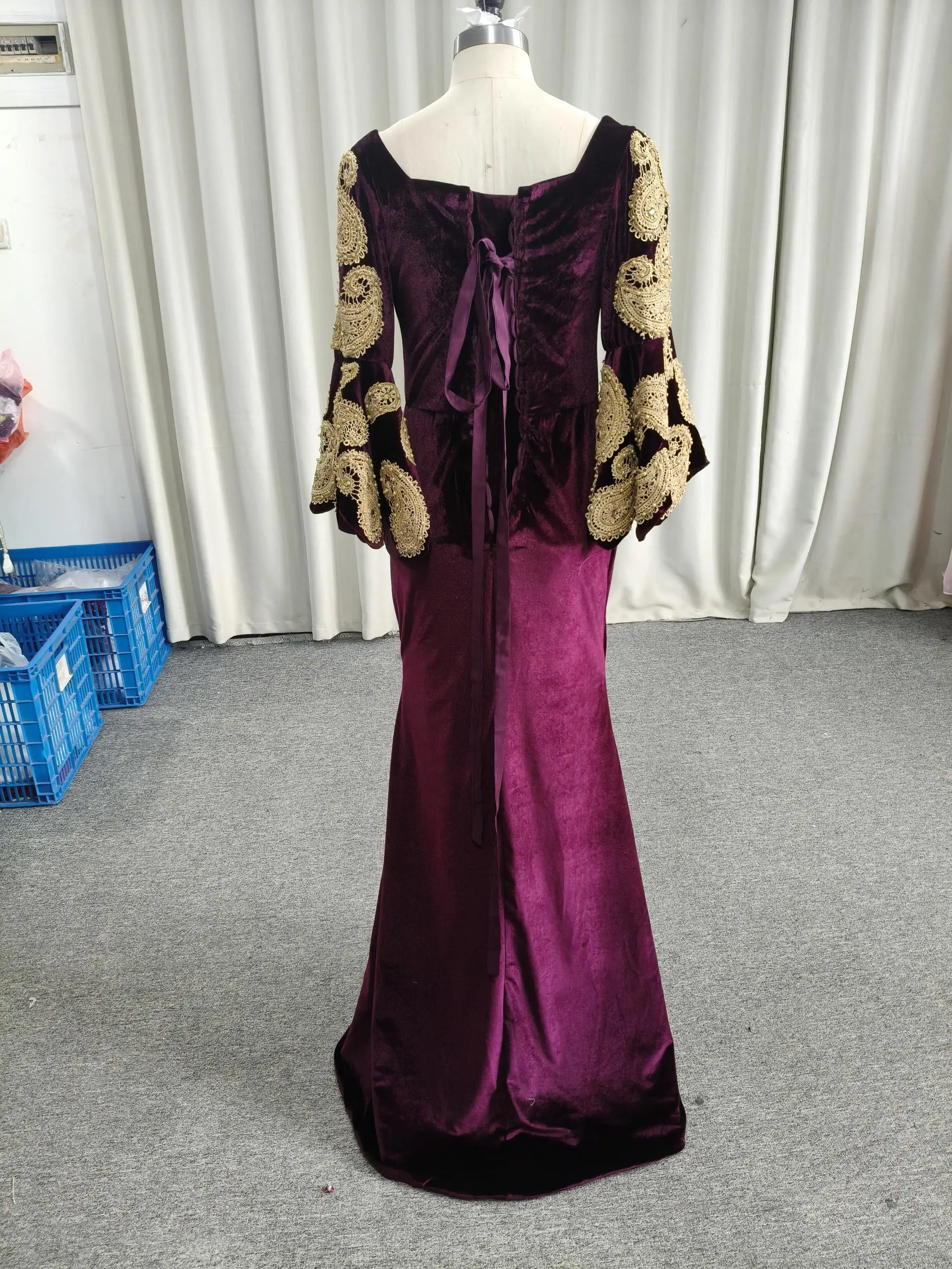 Customized A-line Evening Dresses Floor-length Square Collar Full Sleeve Prom gown Simple Fashion Flowers Draped Party Gown