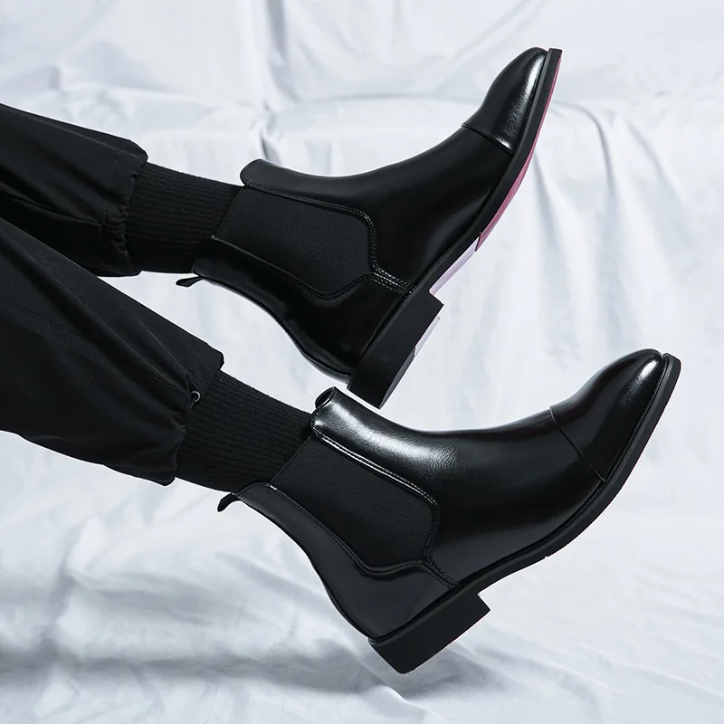 Men's Spring and Autumn High cut Red Leather Shoes with Pointed Toes  Large Size Boots  British Casual Chelsea Boots