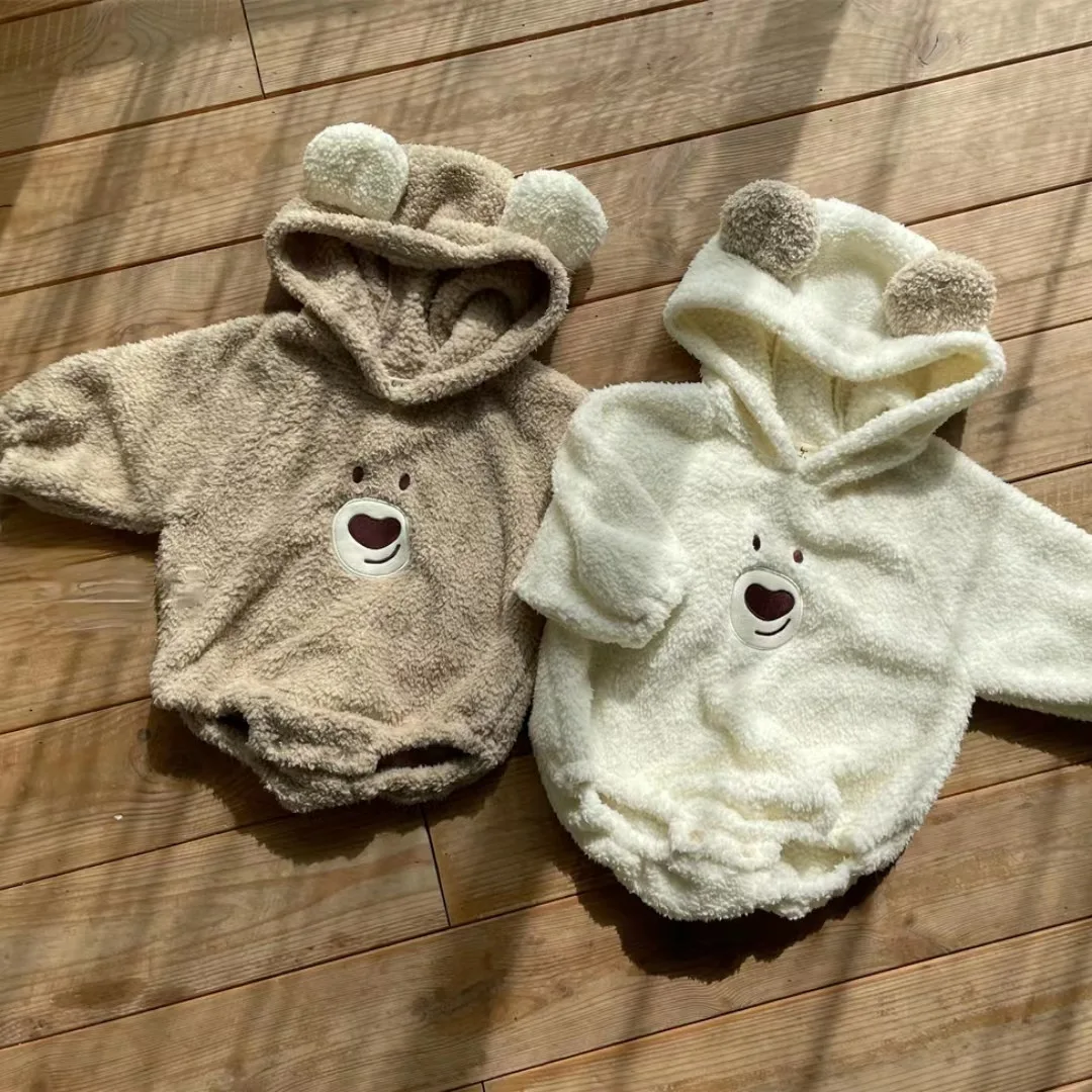 Korean Style Baby Bear Plush Long Sleeve Bootie Onesie Soft Coral Fleece Hooded Crawling Suit for Infants And Toddlers