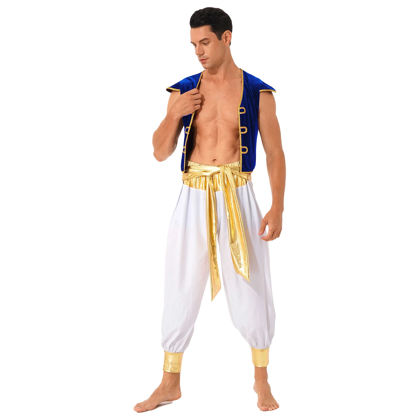 Mens Persian Arabian Club Costume Arab Prince King Cosplay Outfit Cardigan Waistcoat Cap Sleeve Vest with Belted Bloomers Pants