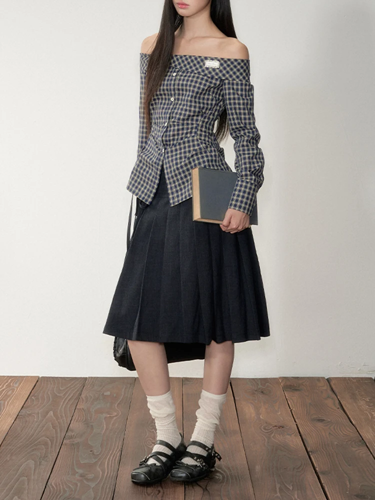 Coréen Sle oulder Bared Plaid Long Sve femmes irt début automne 2025 nouvelle taille haute minceur jupe plissée deux pièces...
