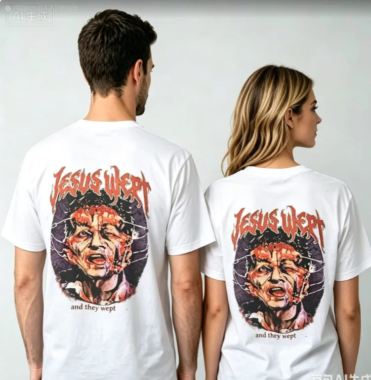 2026 new Neutral style black round-neck with vintage portrait pattern printed on the back loose and comfortable cotton T-shirt