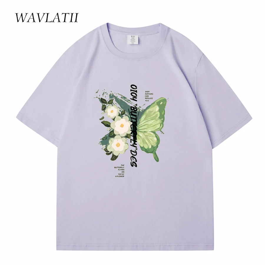 WAVLATII New Women BV Green 100% Cotton T shirts Female Butterfly Printed High Street Tees Lady Casual Short Sleeve Tops WT2326