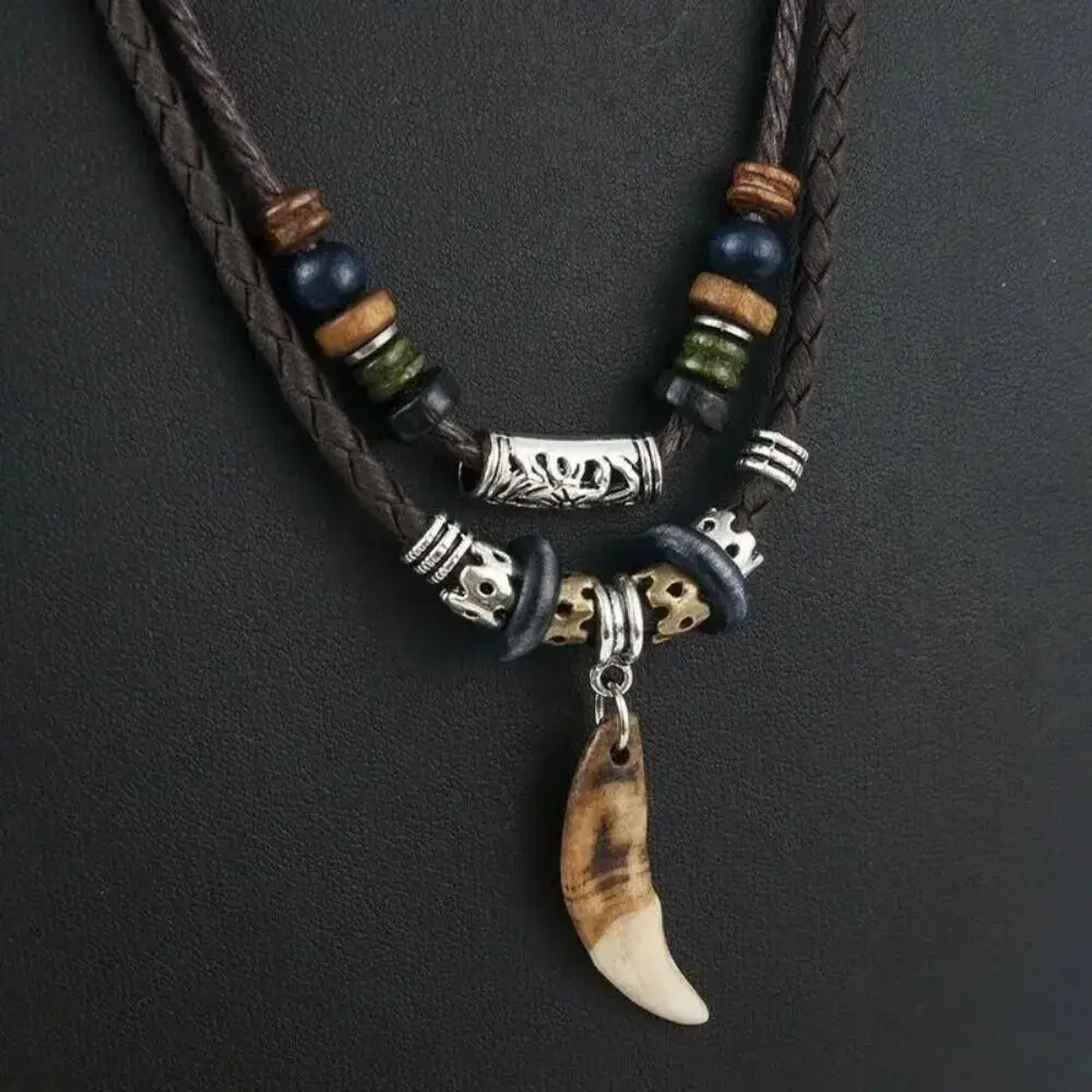 Fashion Men Goth Multi-layer Vintage Wolf Tooth Pendant Leather Beaded Weaved Prayer Necklace Women's Fashion Jewelry Necklaces