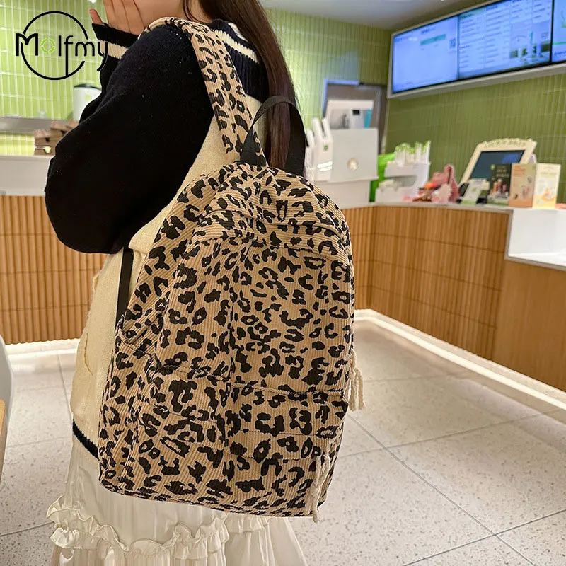 

Леопардовый школьный рюкзак, вельветовая сумка для средней школы, повседневный рюкзак для ноутбука с несколькими карманами, легкие сумки для книг, нейлоновые дорожные сумки