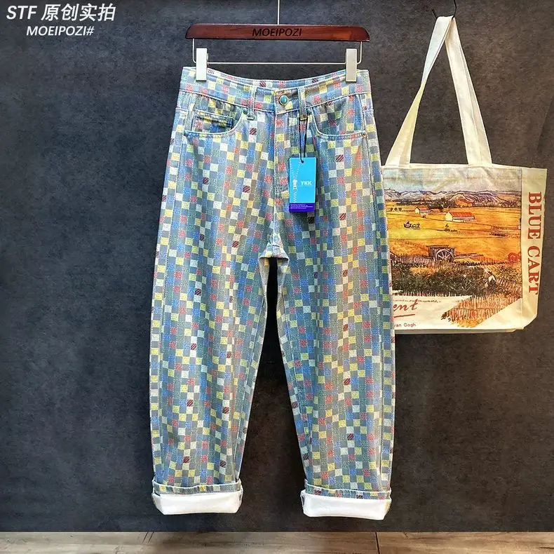 

Jeans men's spring and summer new mosaic plaid jacquard loose big straight wide-leg pants men