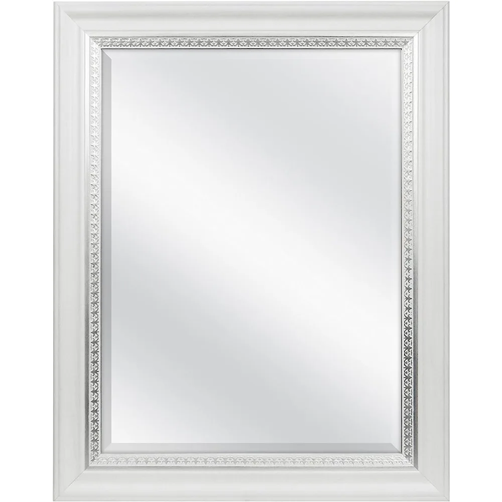 

Large White Woodgrain Wall Mirror with Silver Detail, 23x29 Inches for Bathroom Bedroom Living Room
