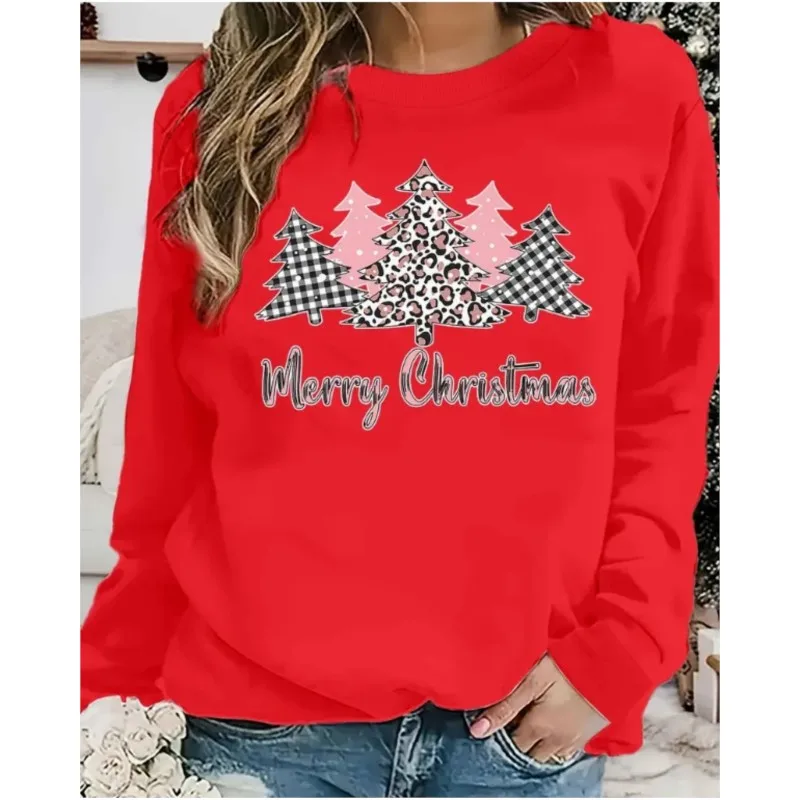 New Spring and Autumn Christmas Tree Printed Pattern Women\'s Hoodie Round Neck Hoodie Comfortable Commuting Style Women\'s Hoodie