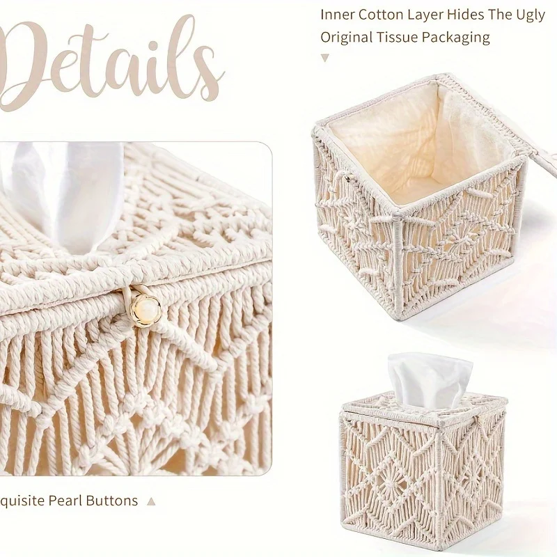

Chic Square Tissue Box Cover, Macrame Fabric Bin for Living Room, Bathroom, Office - Multifunctional Stylish Organizer with Exq