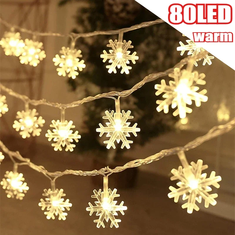 

10/20/40/80 LED Snowflake String Garland Fairy Lights Battery Powered Christmas Tree Holiday New Year Bedroom Decoration Lamps