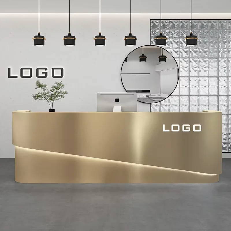 مخصص. الحد الأدنى مكتب الاستقبال الحديث منحني الفولاذ المقاوم للصدأ الجبهة مكافحة متجر الملابس الفاخرة الخروج صالون الحلاقة/B