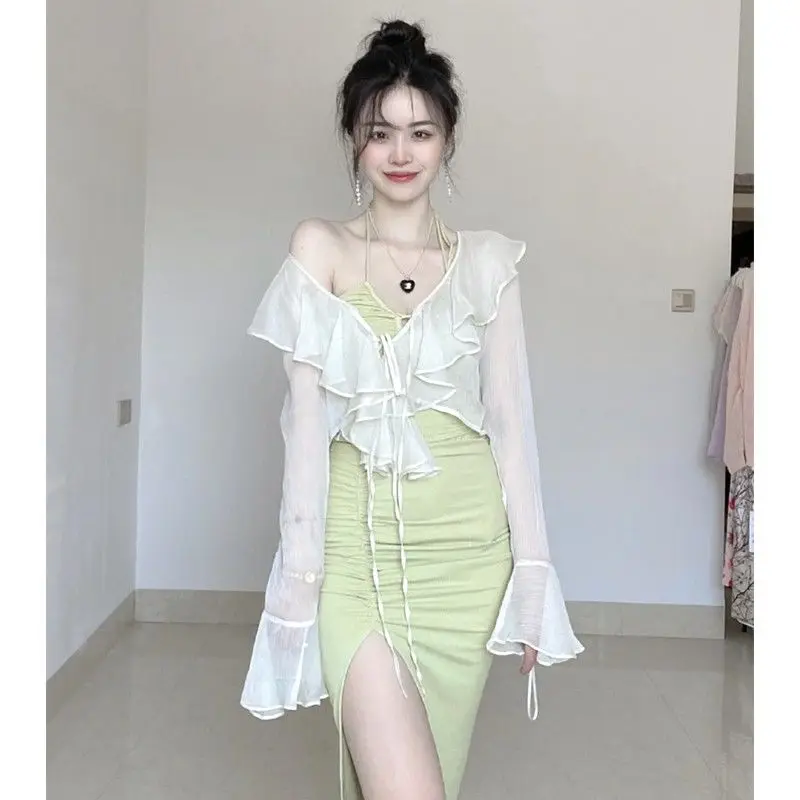 Ruffled Chiffon Women Cardigan Autumn New Arrival Korean Fashion Long Sleeve Casual Daily Basics Thin Cropped Cardigan Female