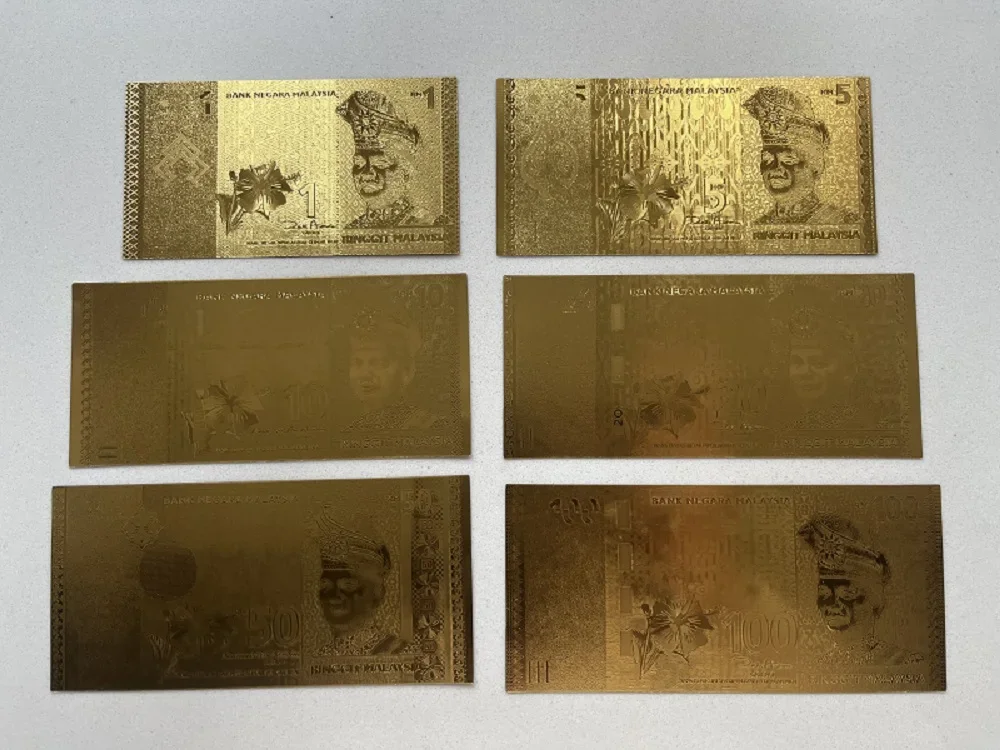 6Pcs/Lot Gold Foil Bank Note Malaysia Gifts Malaysia 1 5 10 20 50 100 Ringgit Gold Plated Banknote