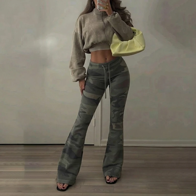 BKLD Hottie Trendy High Street Camouflage Print Drawstring Sexy Tight Package Hip Flare Pants Holiday Rave Party Casual Trousers