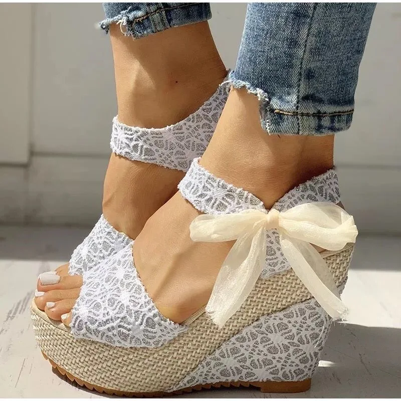 Summer New Fish Mouth Sandals 2026 High-heeled Print Lace Up Women Shoes Casual Breathable Women's Wedge Heel Platforms Sandals