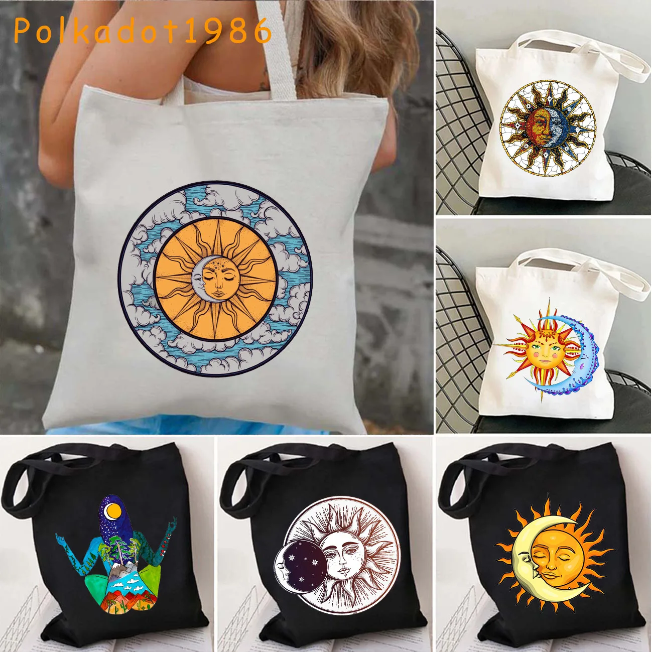 

Mystical Celestial Mosaic Sun and Moon COASTER Goddess Solar Eclipse Stars Canvas Shoulder Tote Bag Harajuku Shopper Eco Handbag