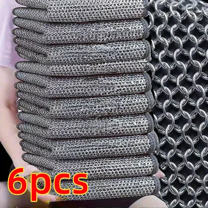 6pcs 7.87inch Steel Wire Cleaning Cloth Double-Layer Non-stick Oil Iron Dishrag Kitchen Pan Pot Dishes Cloths Rag Napery 