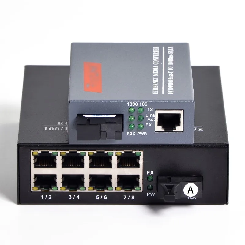 Gigabit Fiber Transceiver, SC 1 Fiber 8RJ45 + 1 RJ45, Singlemode, 10 m, 100 m, 1000m Media Converter, 20km, 1 Pair