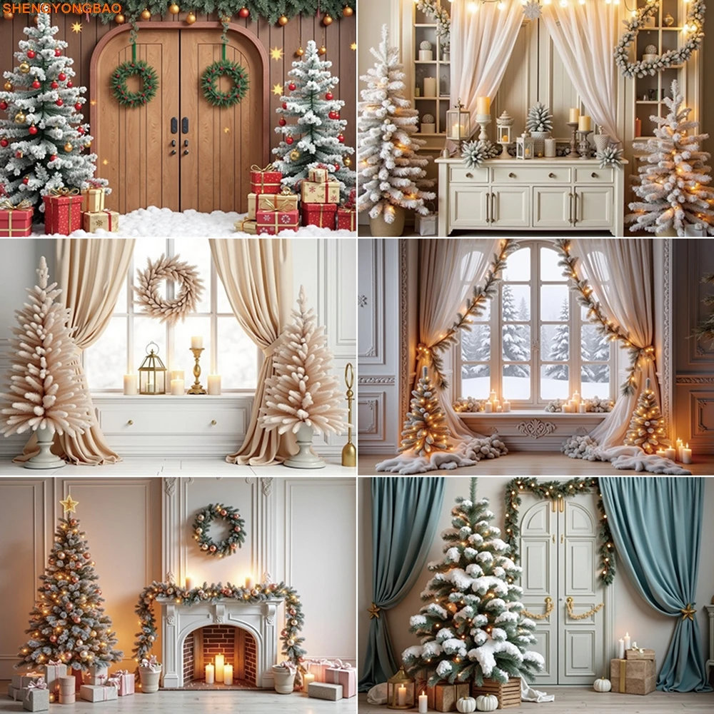 

Christmas Scenery Background Photography New Year Xmas Tree Window Photocall Backdrop Child Studio Photocall Accessories
