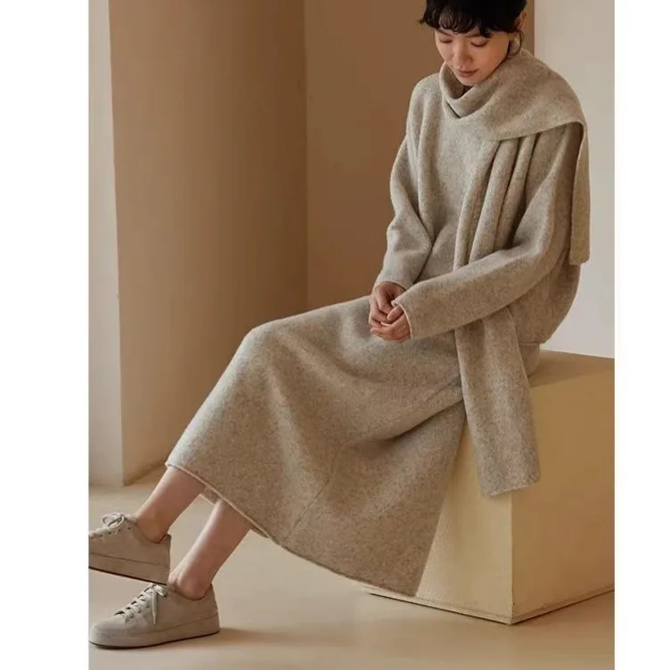 

Autumn and Winter New Fashion Korean Version Slimming Lazy Style Knitted Sweater Women's Skirt Scarf Set