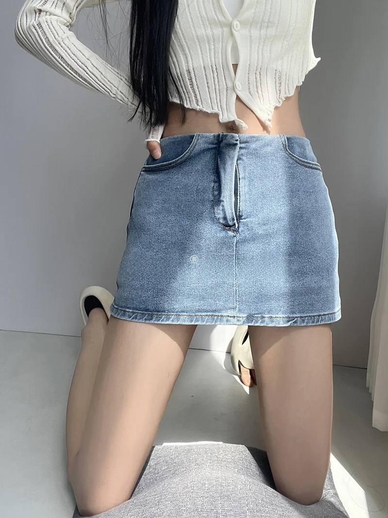 Low Waist Denim  Skirt Women's Slim Fit Elastic Anti Exposure Butt Covering Short Skirt Pure Color Sexy Style Summer 2023