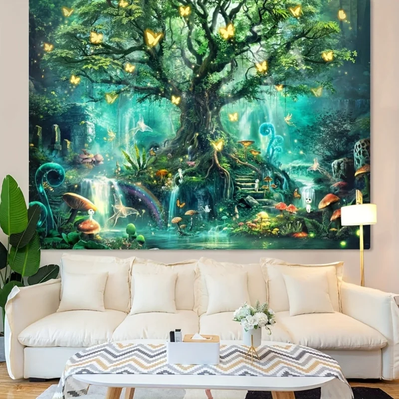 Bohemian Magic Tree of Life Tapestry Luminous Mushroom Glowing Butterfly Bedroom, Party, Wedding Wall Hanging