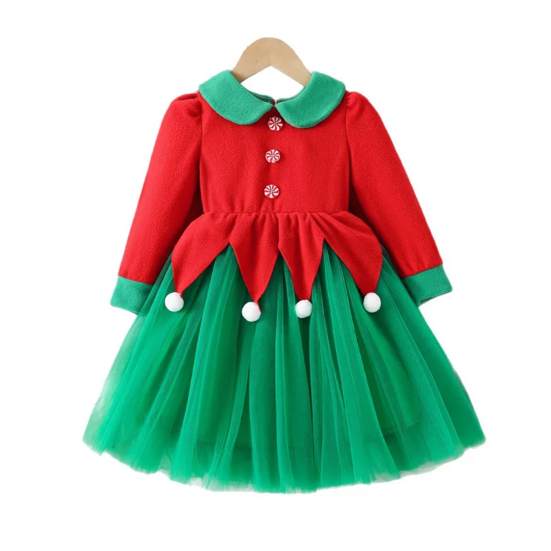 2025New Style Turn-down Collar Long Sleeve Color-blocking Christmas Creative Button Mesh Dress for Girls in Stock