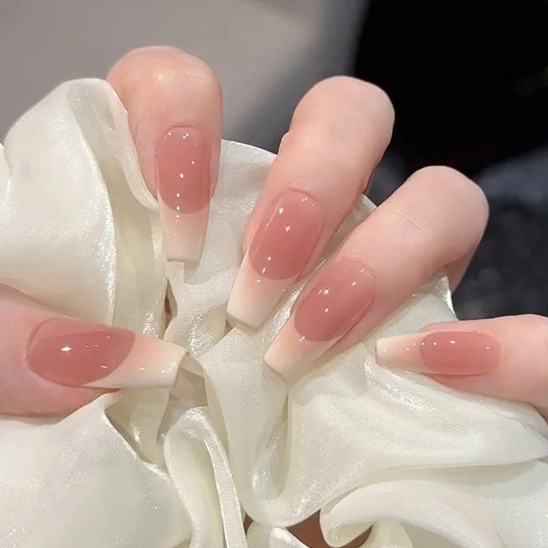 24 Uds. De uñas postizas cuadradas de Ballet, uñas postizas de color rosa desnudo, lazo de perla francesa, uñas postizas con diamantes de imitación