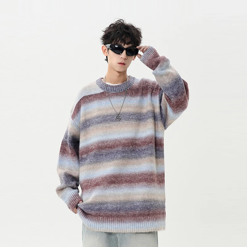 

Men's Lazy Loose Thiened round Ne Knitted Sweater adient Stripe Warm Coolmax Fiber Long Sve Top for Autumn Winter