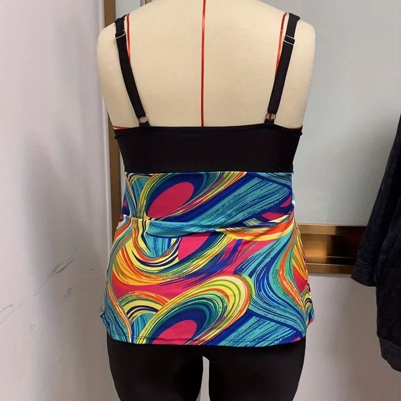 Plus size bikini conservative swimsuit print totem suitable for mature women Colorful Art Style Split Vest Mature Female Tankini