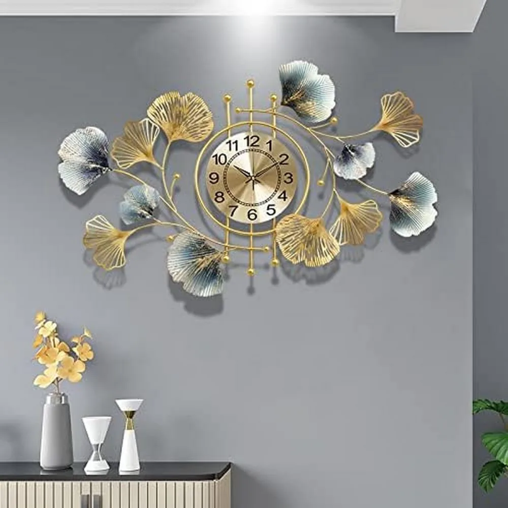 

Clock Silent Art Clock 3D Metal Clock, Ginkgo Leaf Metal Art,Non-Ticking Silent Clocks,Metal Sculpture