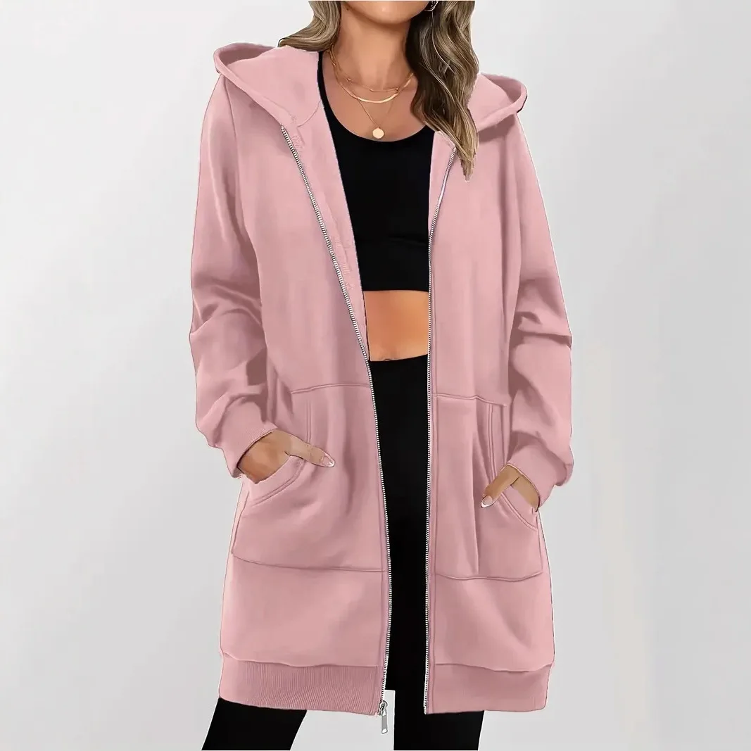 

Autumn and winter women's loose casual outdoor medium and long zipper hoodie jacket sweater