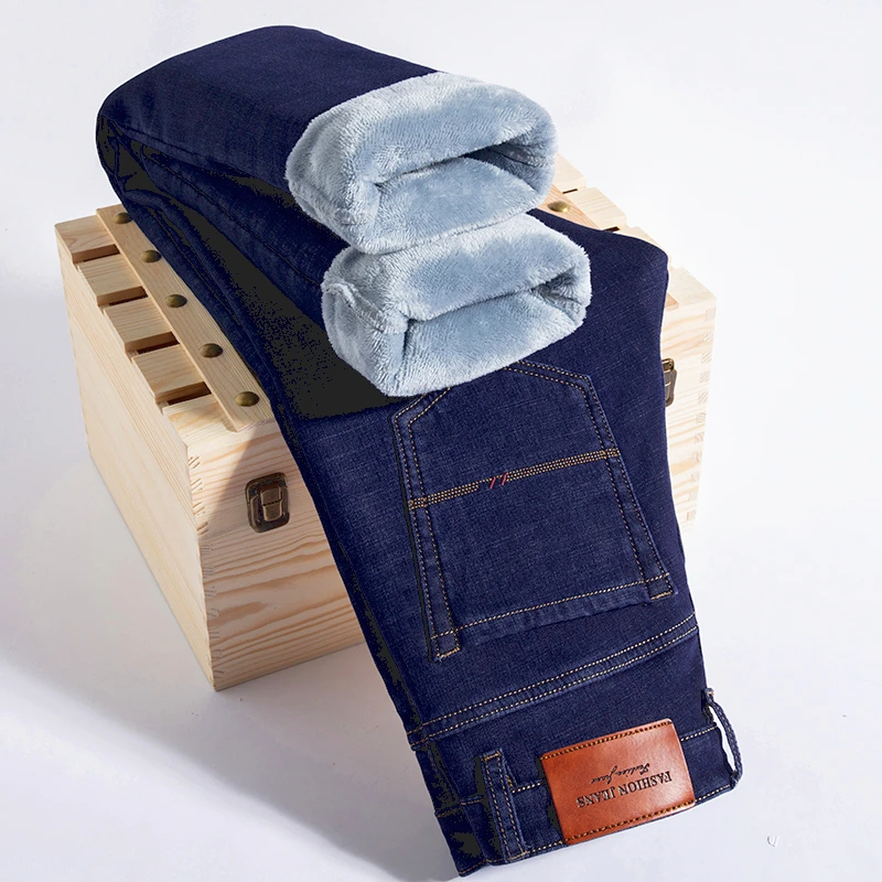 2024 Thick Warm Winter New Men Fleece Jeans Business Casual Stretch Straight Denim CowBoy Student Trousers Male Classic