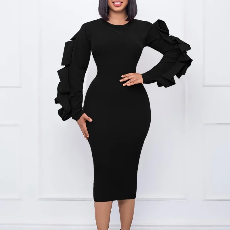 

Elegant Bodycon Dresses Women Round Neck Puff Sleeve Solid Package Hips Mid Calf Formal Business Work Wear Dress Midi Clothes OL