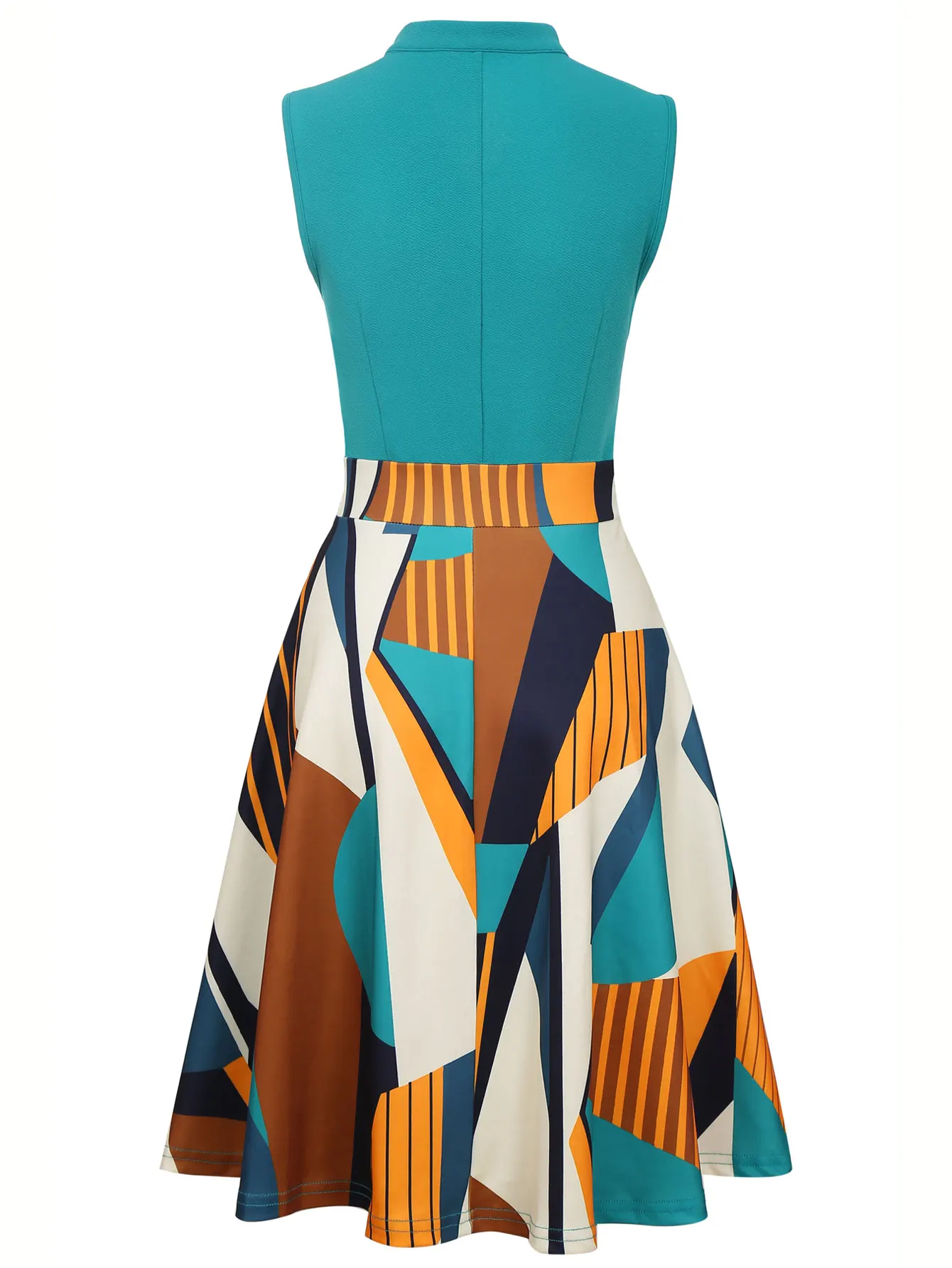 Elegantes Farbblock-Kleid für Damen, Sommer, geometrischer Druck, ärmellos, Gürtel, V-Ausschnitt, ideales Urlaubsoutfit, A-Linien-Midikleid – Detail 7