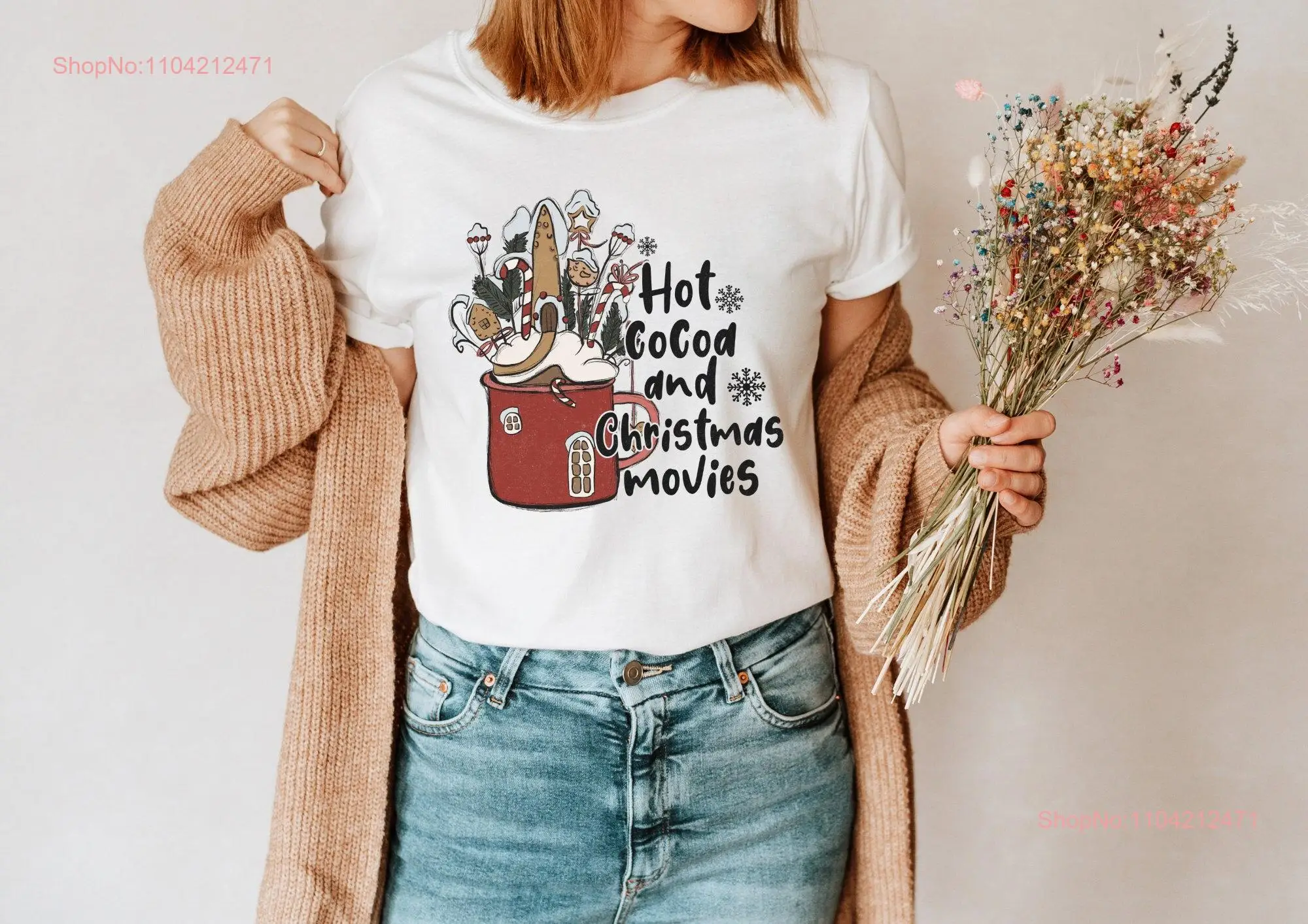 Christmas T Shirt Hot Chocolate Movies Winter Motif Cottagecorestyle long or short sleeves