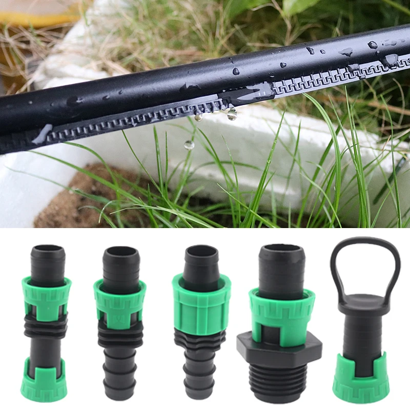 5Pcs/Lot 16mm Micro Irrigation Drip Tape ConnectorsThread Locked Shut-Off Valve Elbow Tee Agricultural Drip Irrigation Fittings