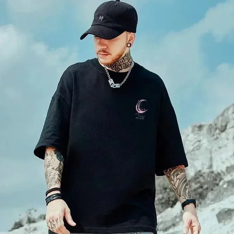 Camiseta Oversized para Hombre, Talla 8XL, Moda Americana Vintage, Estampado de Luna Rosa, Manga Corta, Versátil, Pareja 6