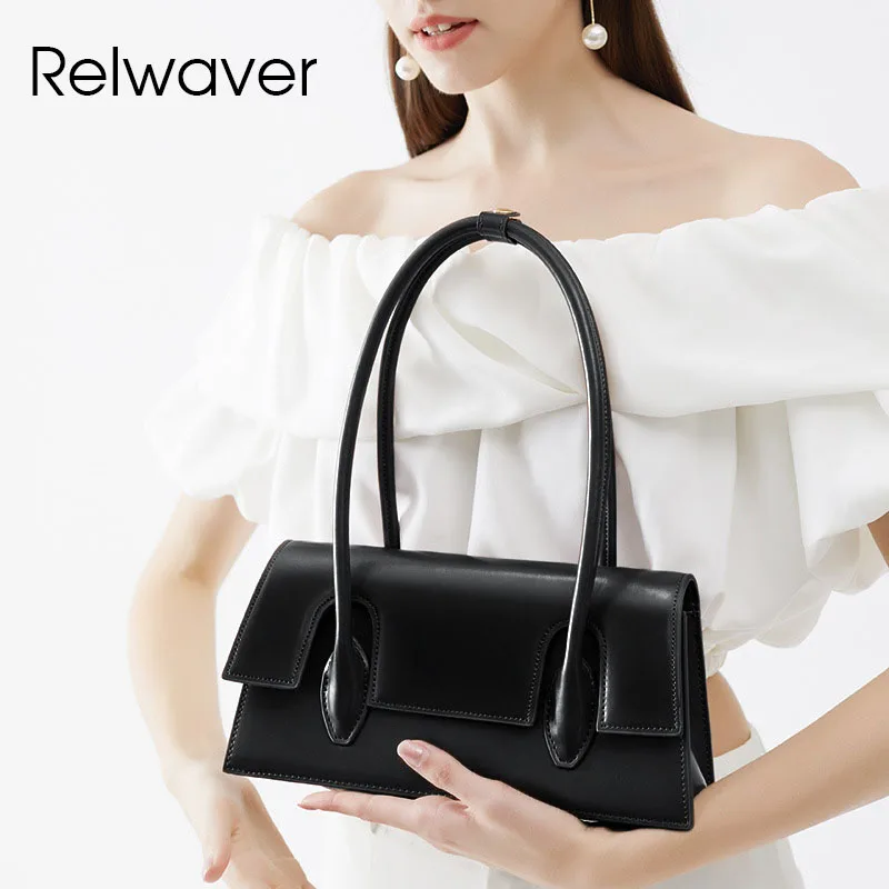 

Relwaver women handbag cowhide slit leather shoulder bag 2024 winter all match black tote bag cover fashion women bag