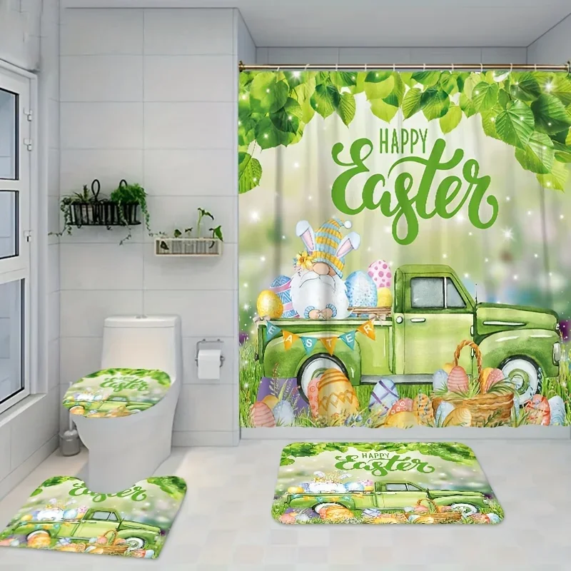 

4pcs Green Car Gnome Pattern Shower Curtain Set, Waterproof Shower Curtain With Hooks, U-shaped Mat, Toilet Cover Mat, Non-s