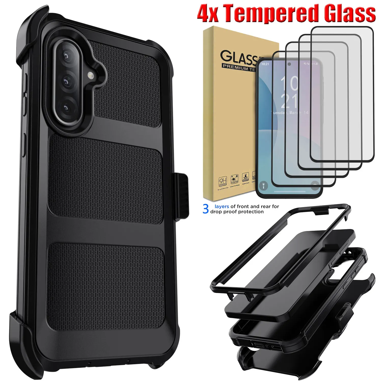 

Прочный противоударный чехол-бампер для Samsung Galaxy A36 с креплением на ремень + 4 прозрачных защитных стекла из закаленного стекла