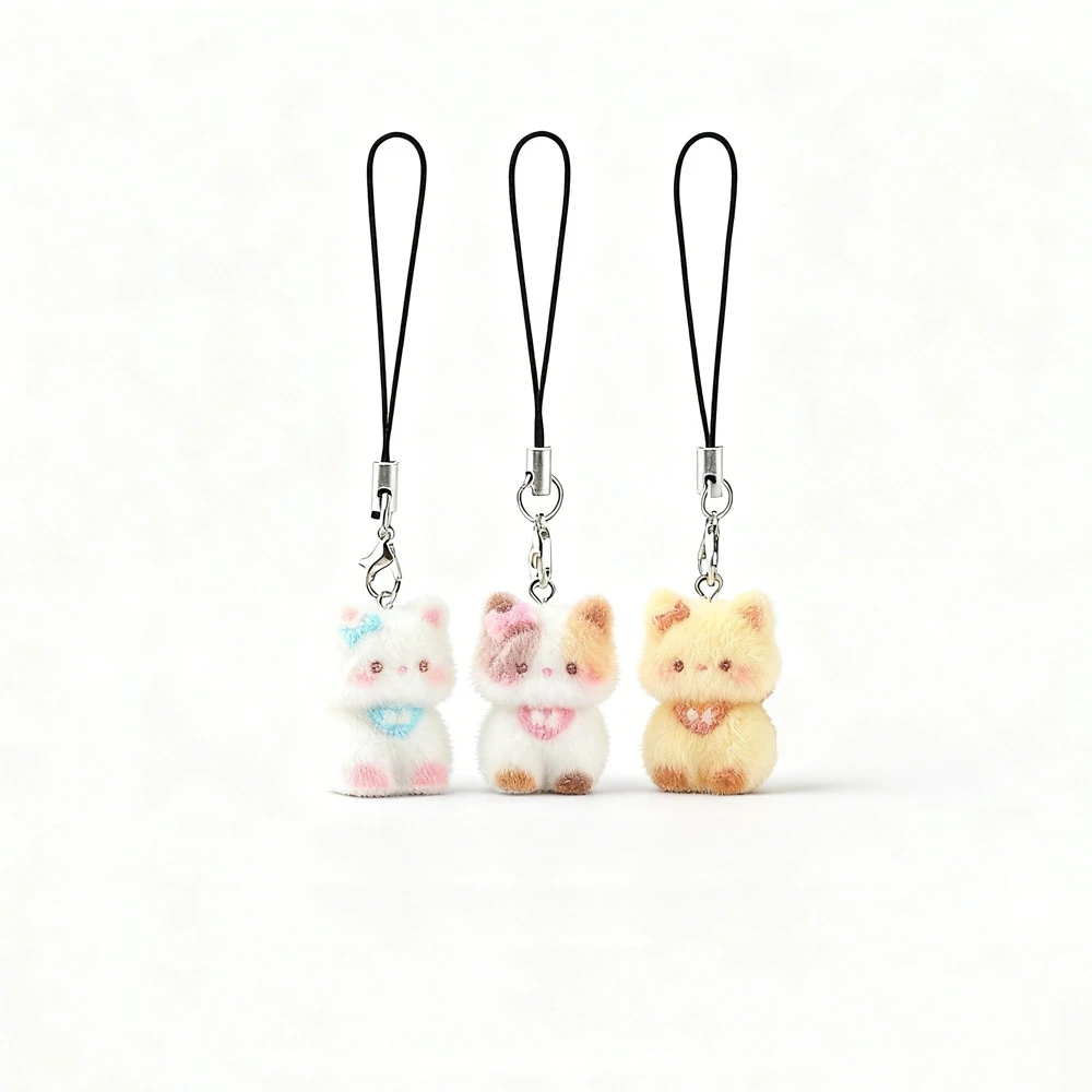 Flocking Animal Cat Pendant Keychain Cute Bag Earphone Case Decorstion Car Keyring Jewelry Gift Accessories Phone Chain Lanyard