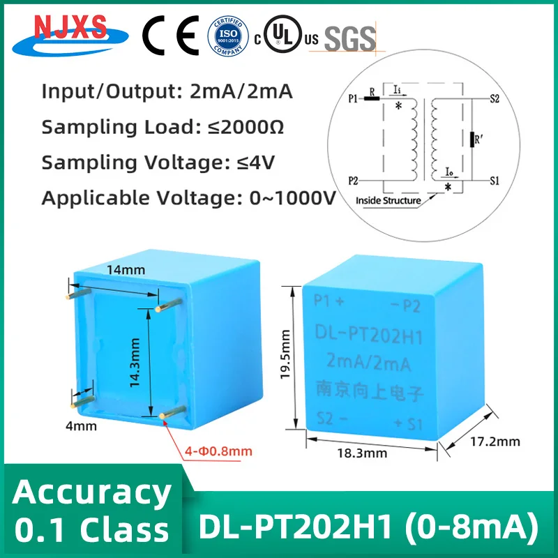 Mini Precision PCB Mount Voltage Transformer Pin Type AC Current Input Output 2mA/2mA Applicable Voltage 0~1000V Pin VT 2mA2ma