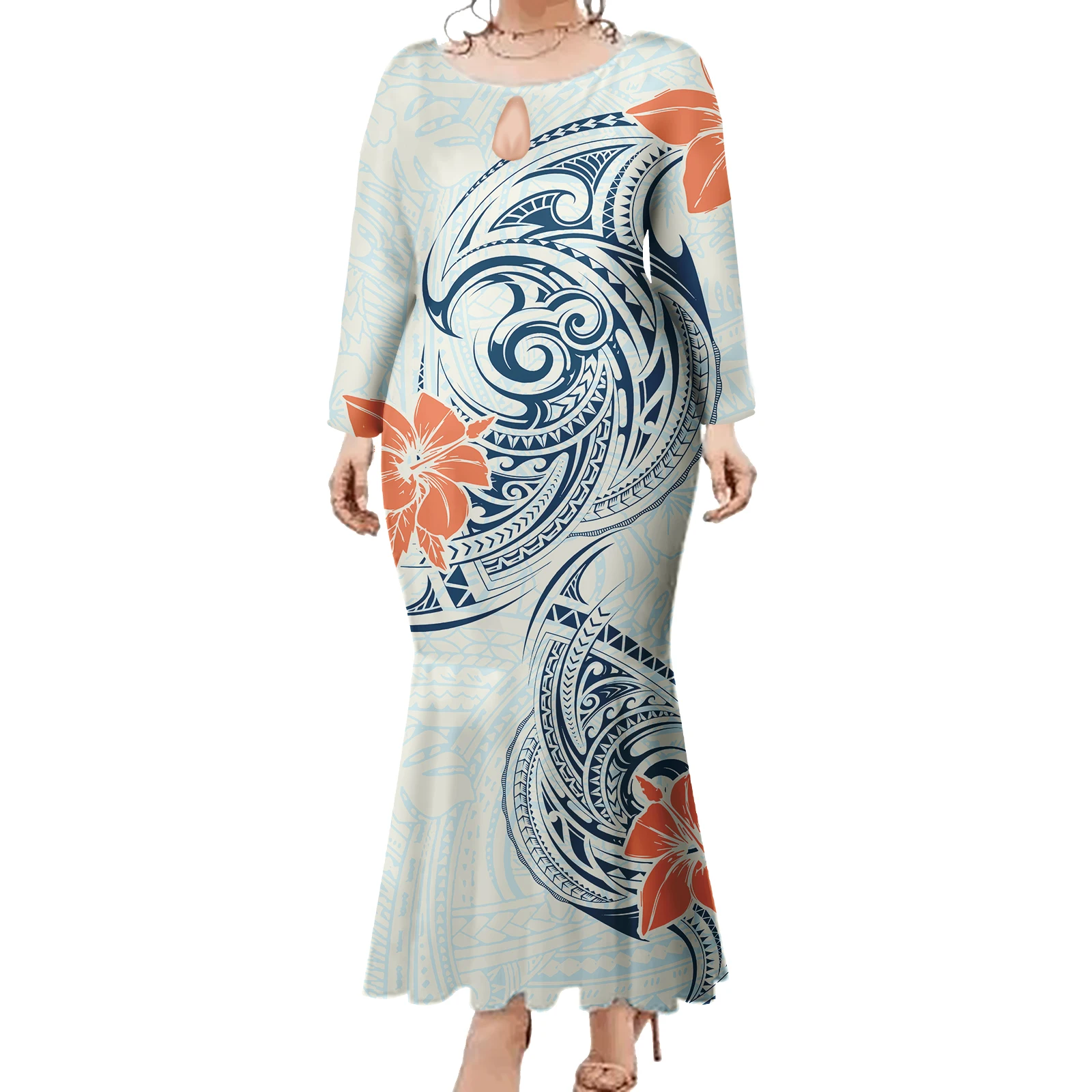 Island Style Samoan Puletasi Tapa Floral Dress Polynesian Tribal Mermaid Dress Elegant Round Neck Fishtail Dress