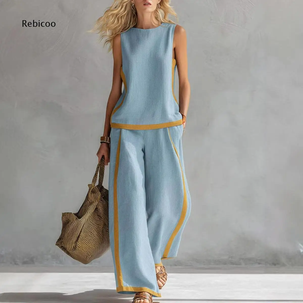 Loose Two Piece Matching Outfit Women Contrast Trim Sleeveless Top And Wide Leg Pants Set For Multiple Everyday Scenarios