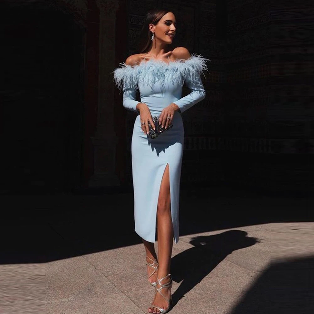 BridalAffair Elegant Light Blue Stretch Satin Prom Dresses Off Shoulder Feathers Long Sleeves Side Slit Tea Length Party Gowns