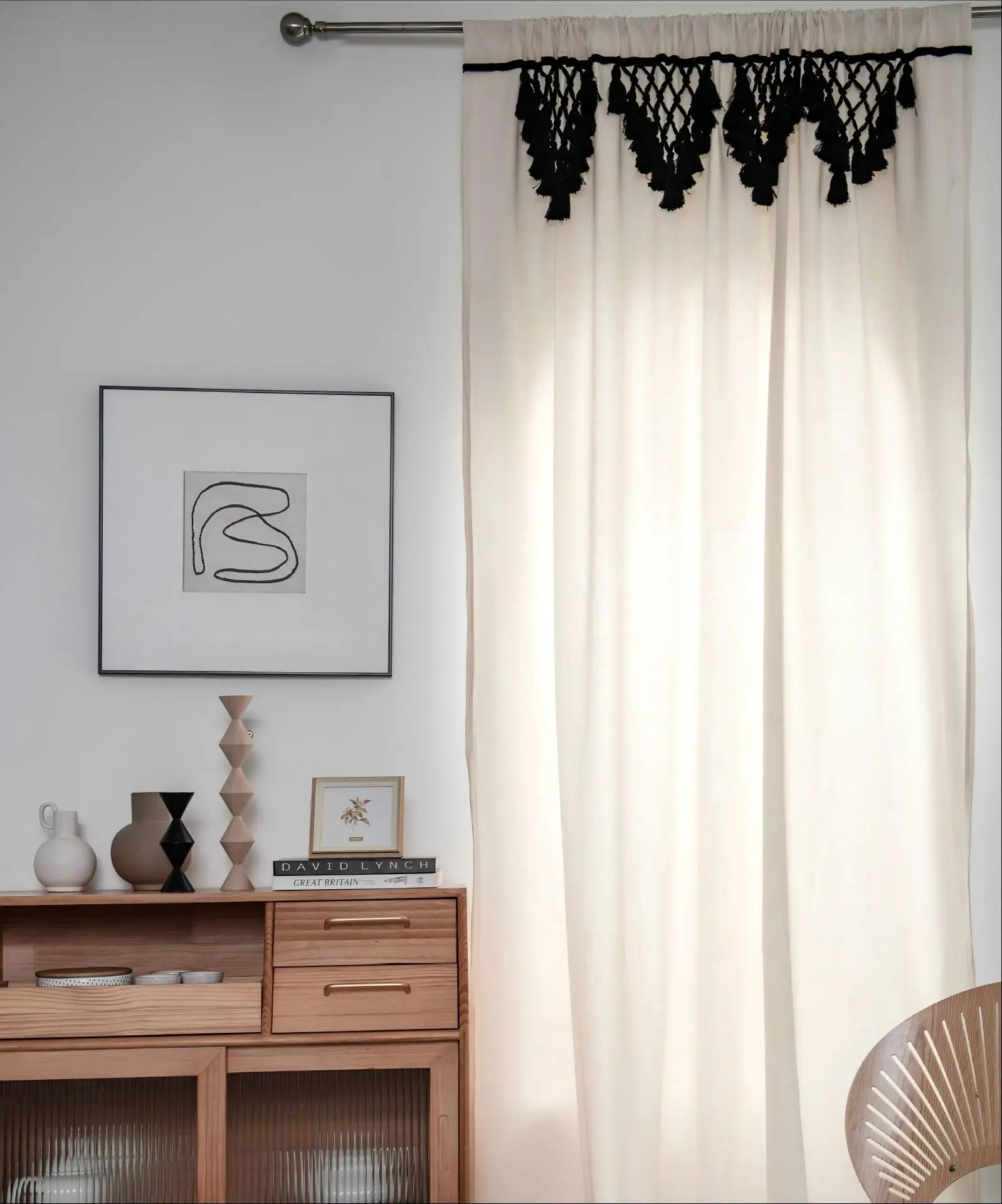 200025    Solid color cotton linen triangle tassel bedroom living room bay window semi blackout partition curtain