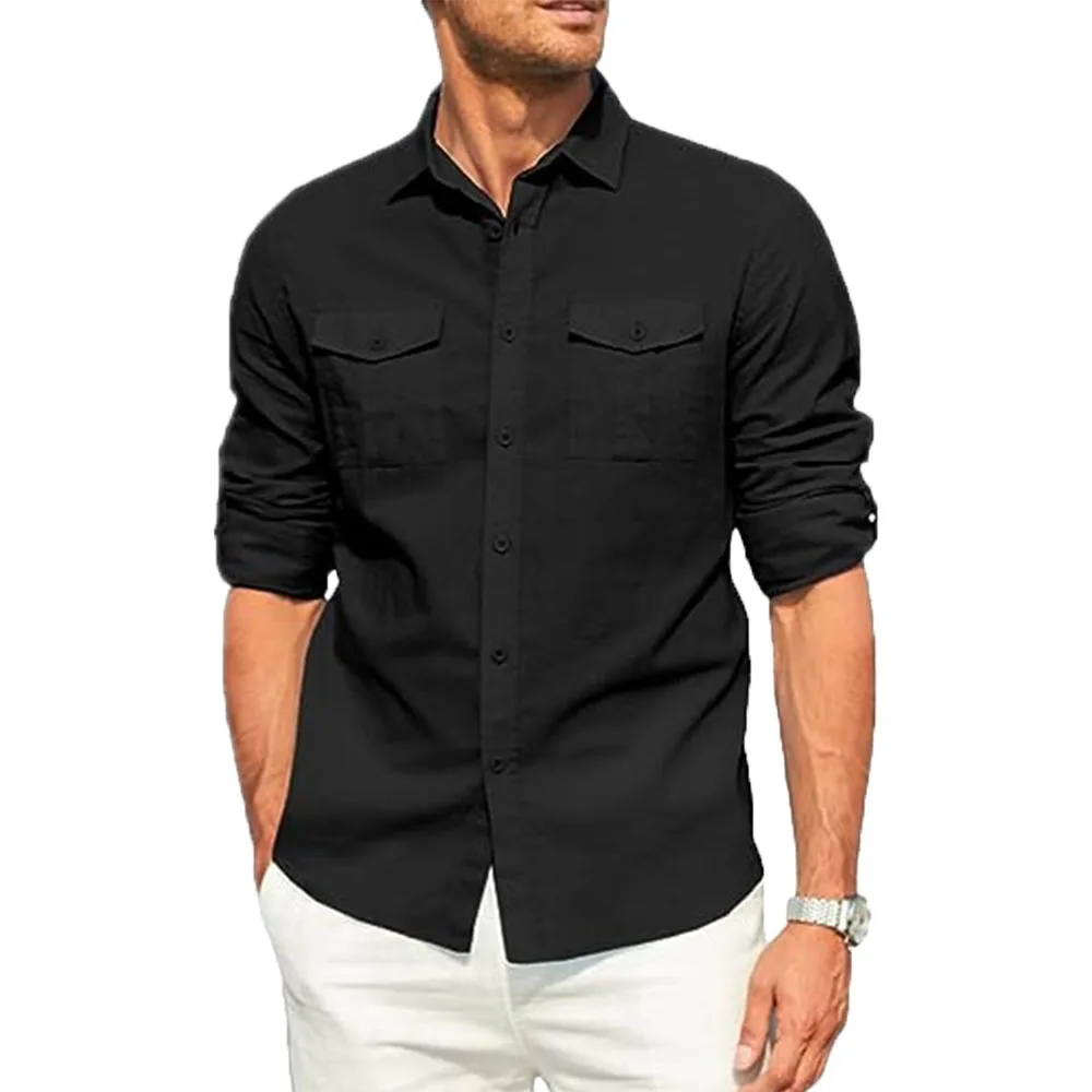 Men\'s Shirt Double Pocket Cotton Linen Long Sleeve Shirt Casual Holiday Shirt Simple Lapel Solid Cargo Shirts Tops Blouses