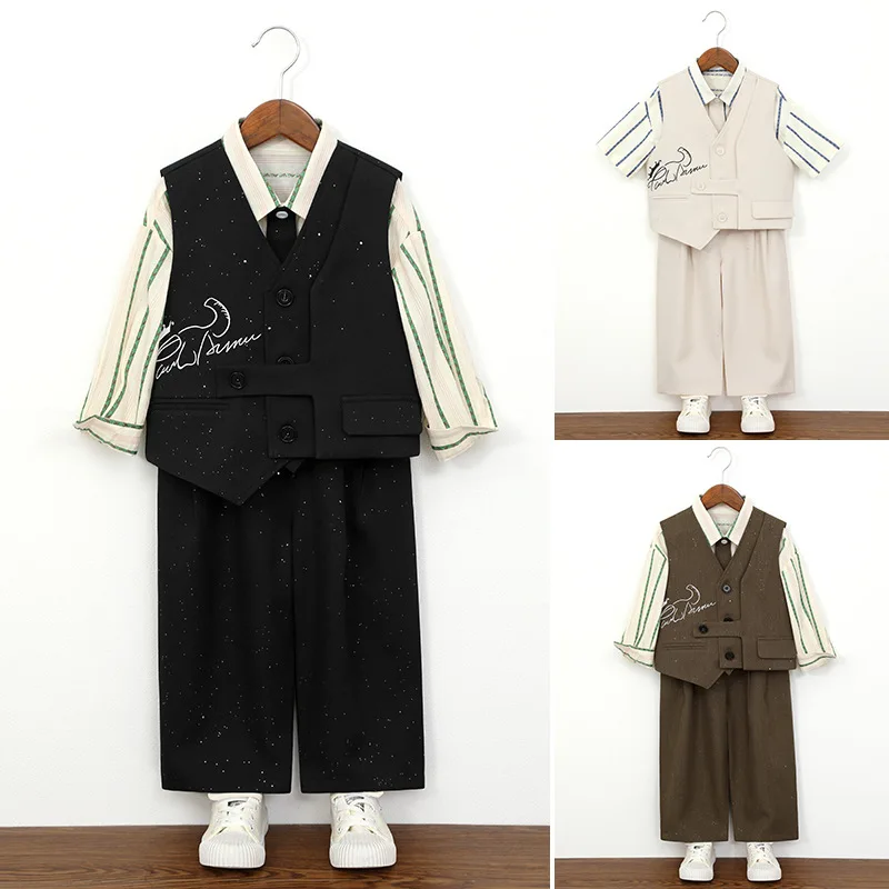 Vintage British Kids Formal Vest Suit Boys Sparkle Waistcoat Shirt Tie Pants for Graduation School Host Party Page Boy Costume