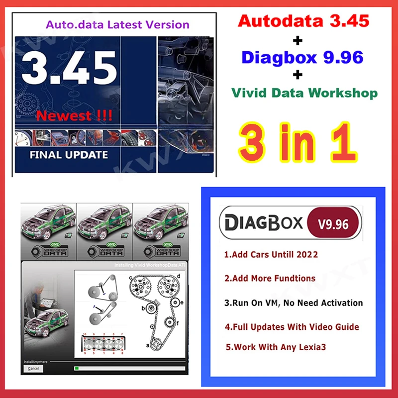 3 IN 1 Auto Data 3.45 + Diagbox 9.96 + Vivid Data Workshop Remote Free Installation Car Repair Auto Diagnostic Virtual Box Data